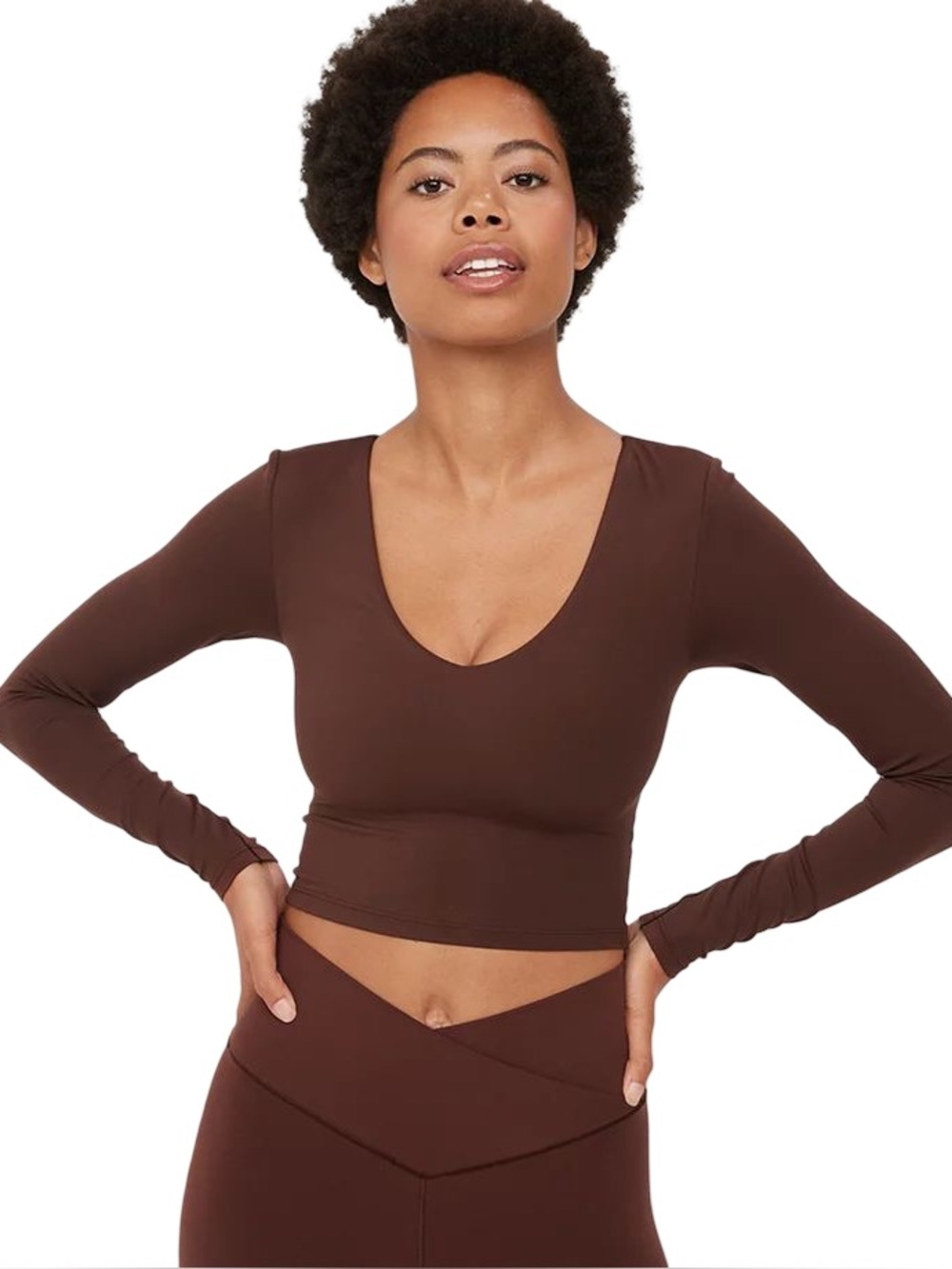 🟤🤎🟤‎ aerie Brown Long-Sleeve V-Neck Crop Top Workout fitted silky
